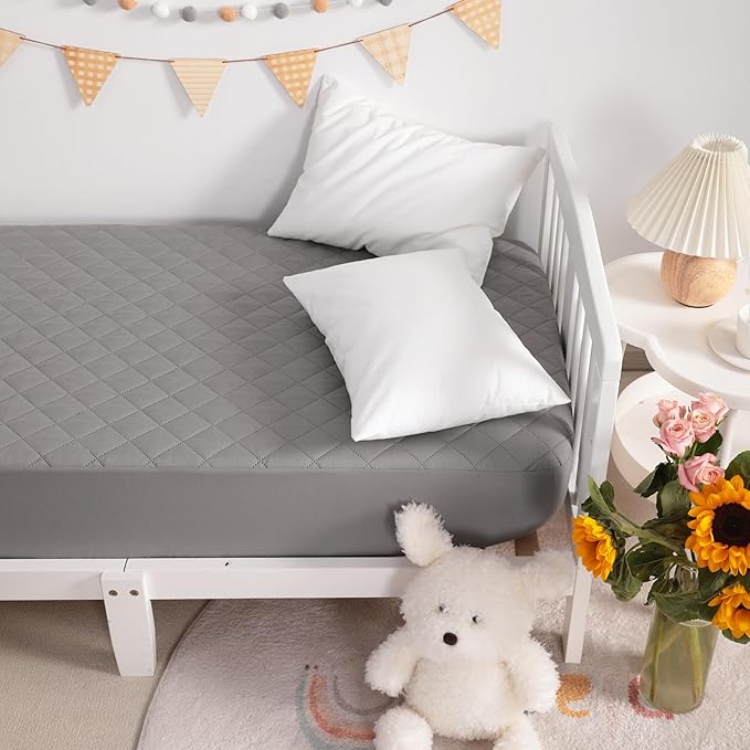 NTBAY 2 Pack Waterproof Crib Mattress Protector, Quilted 28"x52" Toddler Fitted Sheet - Machine Washable - Soft and Breathable Mattress Pad Cover for Crib, Nursery, Daycare, Cot, Smoke Grey