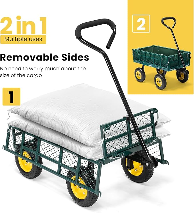 VIVOHOME Heavy Duty 400 Lbs Capacity Mesh Steel Garden Cart Folding Utility Wagon with Removable Sides Green