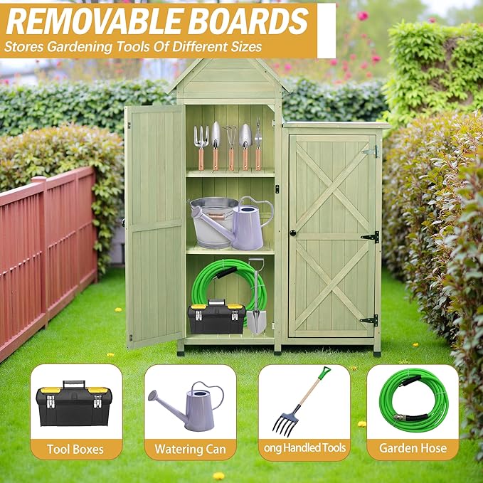 Outdoor Storage Cabinet - Waterproof Metal Roof & Wooden Vertical Design, Tall Garden Tool Shed with Multiple Shelves for Patio, Backyard, Lawn, Yard (Green, 22" x 46" x 67")