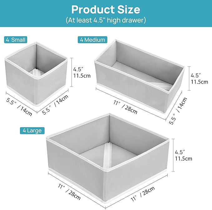 Vtopmart 12 Pack Baby Clothes Organizer, Dresser Drawer Organizer for Baby Clothing, Foldable Fabric Closet Drawer Storage Bins, Dresser Dividers for Bra, Socks, Ties, Scarf