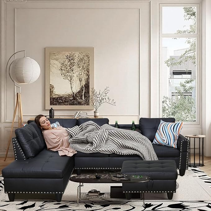 L Shaped Sectional Couch with Cup Holders, 97" Sectional Sofa for Living Room Modular Couches with Otttoman for Bedroom, Apartments