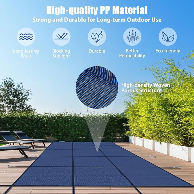 Inground Pool Cover Safety Fits Rectangle Swimming Pool, Mesh Solid Pool Cover for Inground Pools,Winter Pool Safety Cover Includes Safety Net and Installation Tools Blue (Blue, Fits 20x40ft Pools)