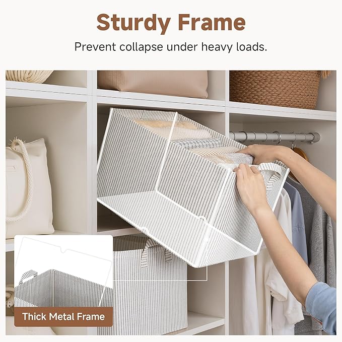 StorageWorks Storage Bins, Fabric Storage Bins for Shelves, Extra Large Storage Baskets with Metal Frame, Closet Baskets and Bins with Handles, Jumbo, Gray and White Stripes, 2-Pack