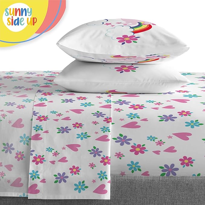 Sunny Side Up Rainbow Unicorns Full Comforter Set - 7 Piece Kids Bedding Includes Comforter, Sheets & Pillow Cover - Super Soft Pink Floral Microfiber Bed Set