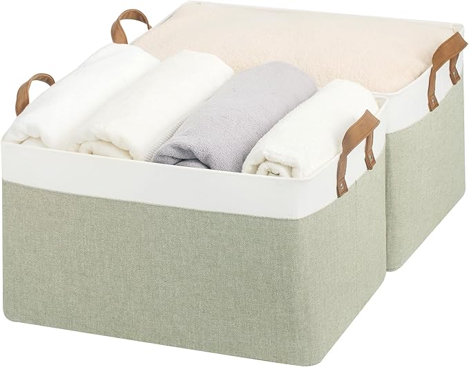 StorageWorks Storage Bins, Fabric Storage Bins for Shelves, Extra Large Storage Baskets with Metal Frame, Closet Baskets and Bins with Handles, Jumbo, Green and White, 2-Pack