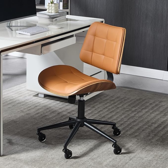 Home Office Desk Chair with Wheels, Adjustable Height Armless Office Chair, PU Leather Mid Back 360° Small Computer Chair, Modern Walnut Chair No Arms for Office, Reading Meeting Room(Brown)