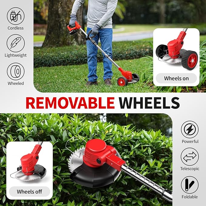 Cordless Weed Wacker, Electric Weed Eater with 4 Types of Blades & 2 * 2.0Ah Batteries, Lightweight Brush Cutter Foldable String Trimmer, Battery Powered Lawn Mover for Lawn Yard (Red)