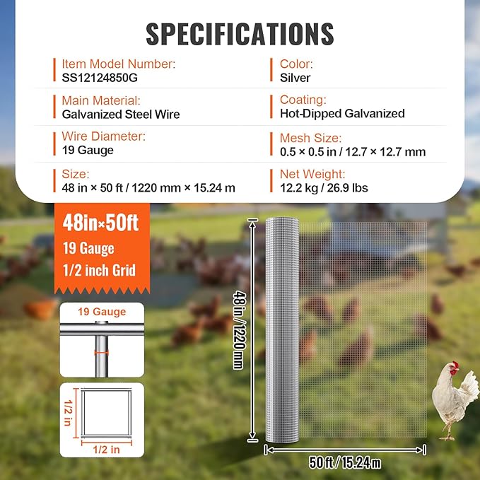 VEVOR Hardware Cloth, 1/2 inch 48in x 50 ft 19 Gauge, Hot Dipped Galvanized Wire Mesh Roll, Chicken Wire Fencing, Wire Mesh for Rabbit Cages, Garden, Small Rodents