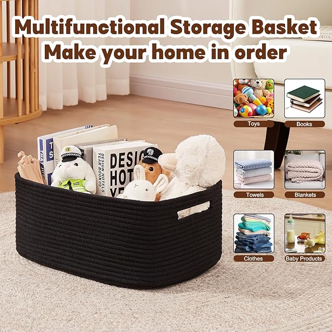 OIAHOMY Storage Basket for Shelves, Closet Cube Storage Bins Baskets for Clothes Blanket Towels, Baby Nursery, Toy Baskets Box, Woven Rope Basket, 15.75*11.81*7.09 IN, 2 Packs Black