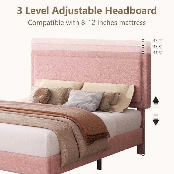 Full Size Boucle Bed Frame, Upholstered Platform Cloud Bed Frame with Headboard, Soft Teddy Fabric, Modern Style, No Box Spring Required, Easy Assembly, Pink