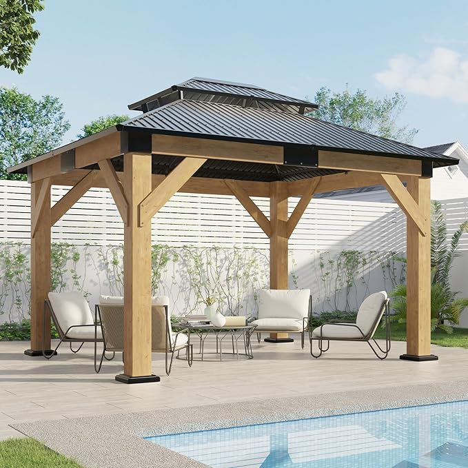 AMERLIFE 10x12 Wood Gazebo, Hardtop Gazebo with Spruce Frame and Aluminum Double Roof, Outdoor Pergola for Parties, Backyard, Patio, Lawns, Black + Natura Wood