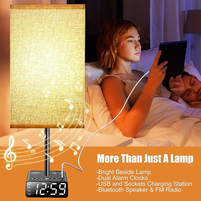 Yostyle Table Lamp with Alarm Clock Base, Bedside Lamp, 2 USB & 1 AC Power