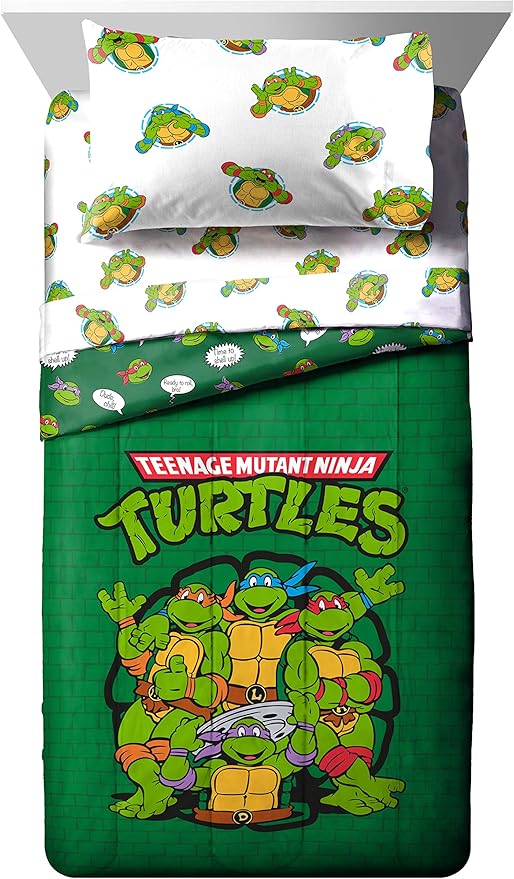 Jay Franco Nickelodeon Teenage Mutant Ninja Turtles Green Bricks 7 Piece Bed Set-Includes Reversible Comforter & Sheet Set Bedding-Super Soft Fade Resistant Microfiber Official Nickelodeon Product