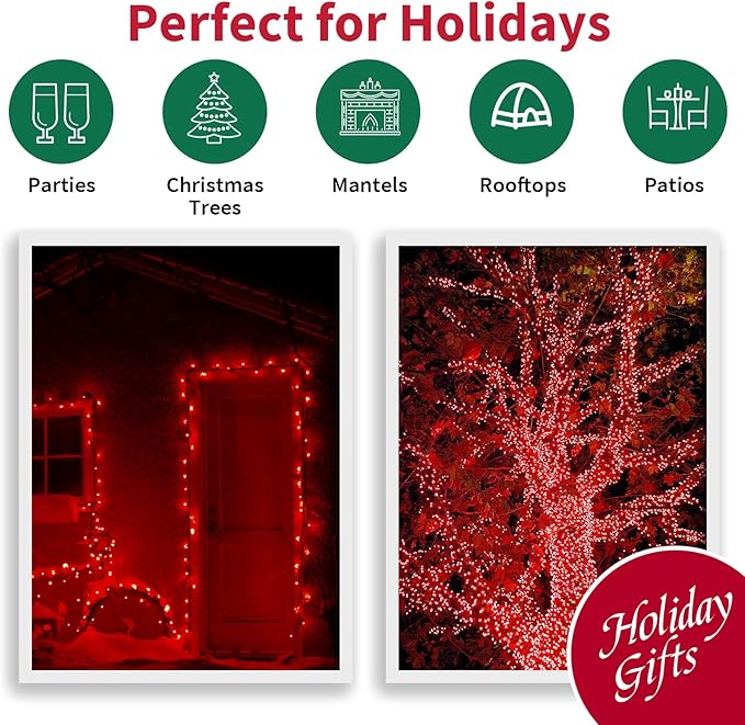 LAMPHOME Red Wide Angle LED Christmas Lights, 64.8 Ft 300 Count
