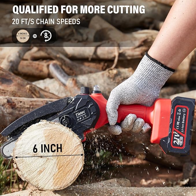 Tietoc Cordless Mini Chainsaw 6 Inch [Women Friendly] Small Chainsaws Battery Powered, Electric Saws With Security Lock & Auto Oiler System, Super Handheld Rechargeable Chain Saw For Wood/Tree Cutting