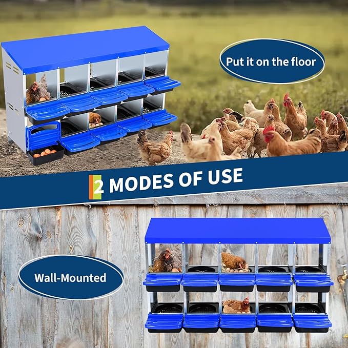 Two-Tier Chicken Nesting Box, 10 Hole Metal Chicken Egg Laying Box with Roll Away, Egg Collection Nesting Boxes for Chicken Coop