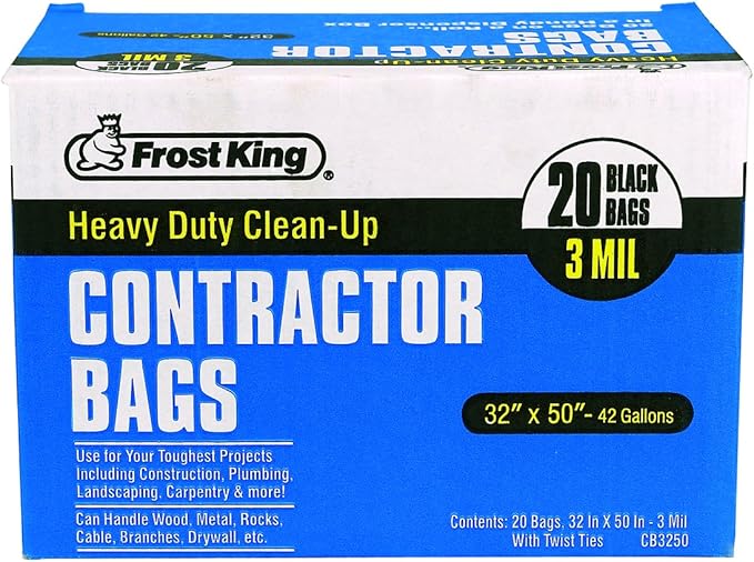 Frost King CB3250 Boxed Heavy Duty Contractor Clean, 32" x 50" x 3 mil, 32x50x3 Inch (Pack of 20), 20 Bags, Black