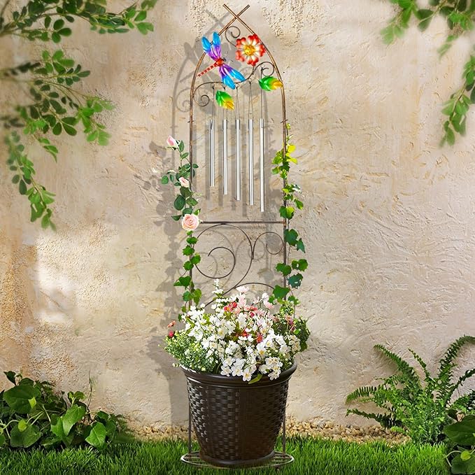 Plant Stands with Garden Trellis, 48” Metal Standing Wind Chimes Plant Pot Trellis with Dragonfly for Garden Patio Backyard Climbing Plants Outdoor Decor