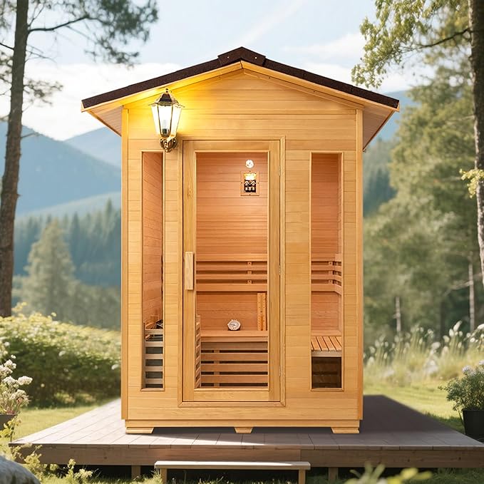 2 Person Outdoor Wooden Sauna Room,Canadian Cedar 220V 6KW Electric Stove Backyard Steam Sauna Kit with Light (Wood Color)