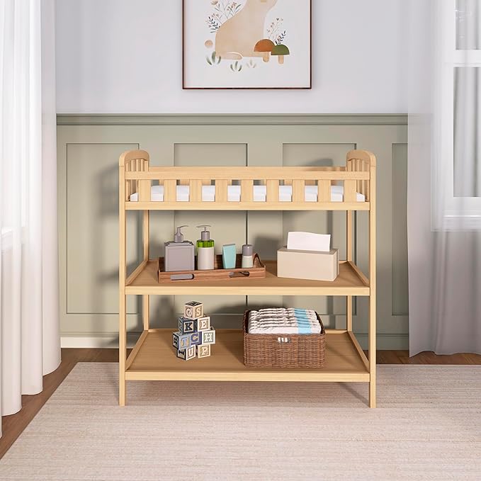 Dream On Me Emily Changing Table, Compact and Portable, Solid New Zealand Pinewood, Safety Rails, Two Storage Shelves, Includes Water-Resistant 1" Changing Pad — Natural