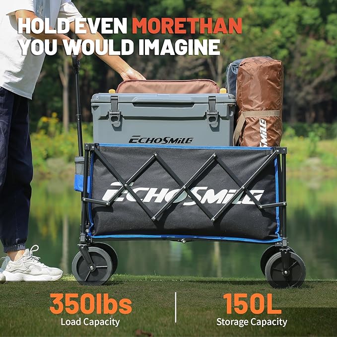 EchoSmile Collapsible Foldable Wagon Cart with 350lbs Weight Capacity, Heavy Duty Folding Utility Sport Wagon with Removeble Wheels for Camping,Grocery,Garden,Beach,Black &Blue