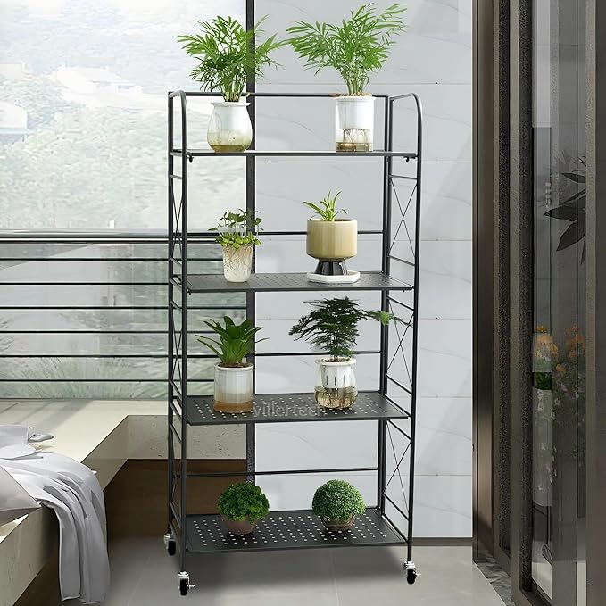 Foldable 4-Tier Metal Shelf with Wheels - Folding Bookshelf Unit for Living Room, Kitchen, Study 12.6" D x 23.6" W x 46.8" H, Matte Black