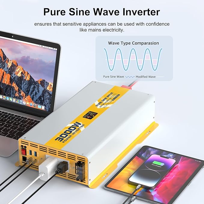 XWJNE 3000W Pure Sine Wave Power Inverter 24V DC to 120V GFCI AC Converter with LCD Display and Remote for Home, RV, Truck, Off-Grid Solar Power