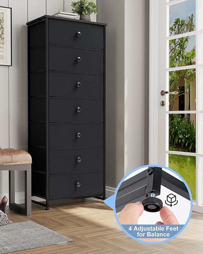 Crestlive Products Tall Dresser, 7-Drawer Fabric Storage Tower, Chests of Drawers - Vertical Organizer Unit for Bedroom, Hallway, Entryway, Nursery, Closets - Steel Frame, Wood Top & Handles (Black)