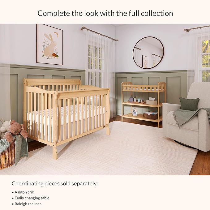 Dream On Me Emily Changing Table, Compact and Portable, Solid New Zealand Pinewood, Safety Rails, Two Storage Shelves, Includes Water-Resistant 1" Changing Pad — Natural