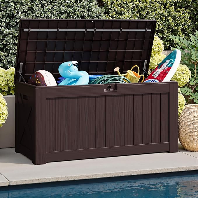 JUMMICO 120 Gallon Resin Deck Box, Large Outdoor Storage Box Waterproof & Lockable for Garden, Patio, Pools (Deep Brown)