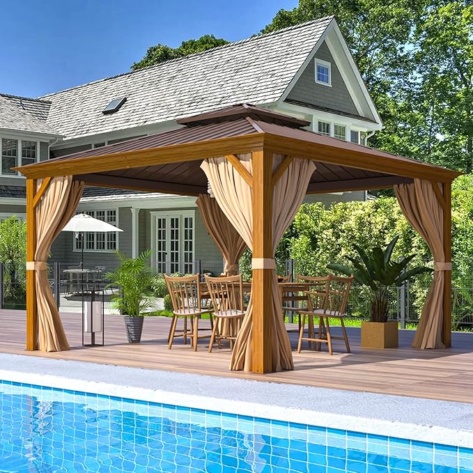 EROMMY 12' x 12' Gazebo, Wooden Finish Coated Aluminum Frame Canopy with Double Galvanized Steel Hardtop Roof, Outdoor Permanent Metal Pavilion with Curtains and Nettings for Patio, Backyard and Deck