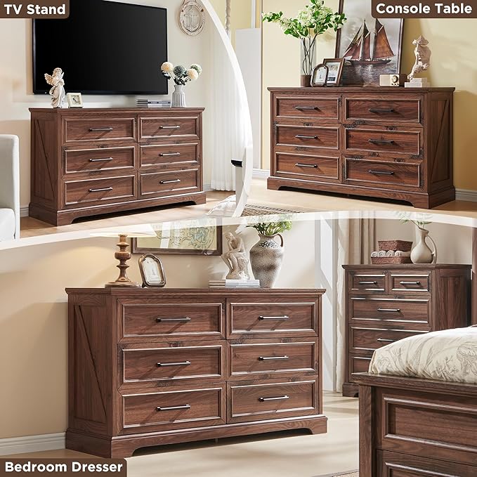 ACCOHOHO Farmhouse 6 Drawer Dresser for Bedroom, 52 Inch Wide Modern Dresser TV Stand with Large Drawers & Bar Handles, Rustic Wood Chest of Drawers for Bedroom, Living Room, Hallway, Brown