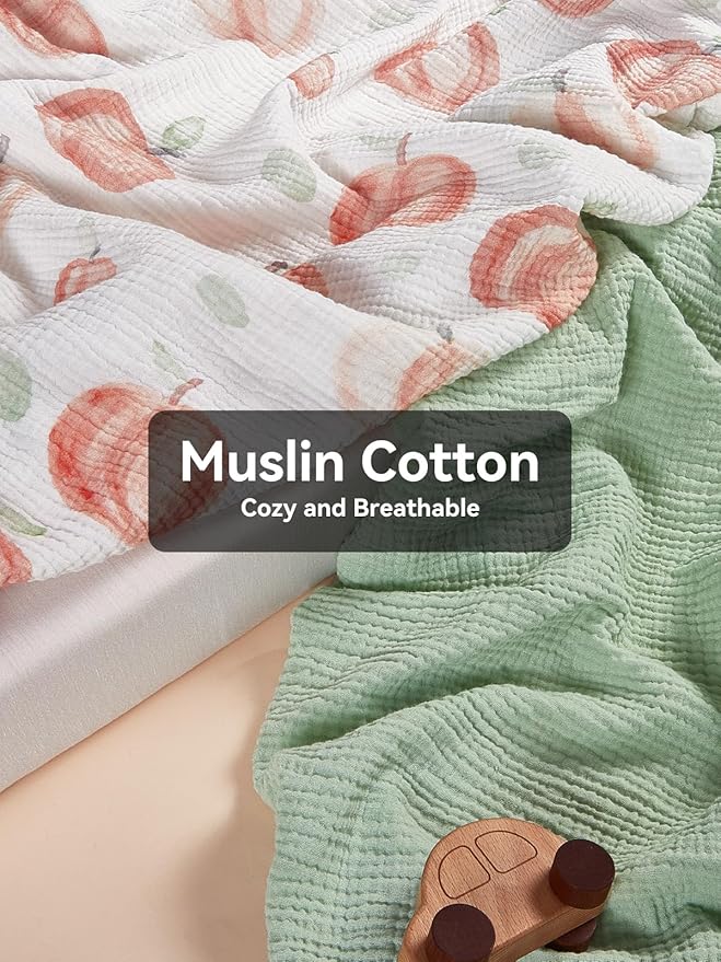 TILLYOU Muslin Crib Sheets for Boys and Girls 2 Pack, Neutral Soft Cotton Baby Crib Mattress Protector, for 52x 28 Toddler Bed, Peach dot & Light Green