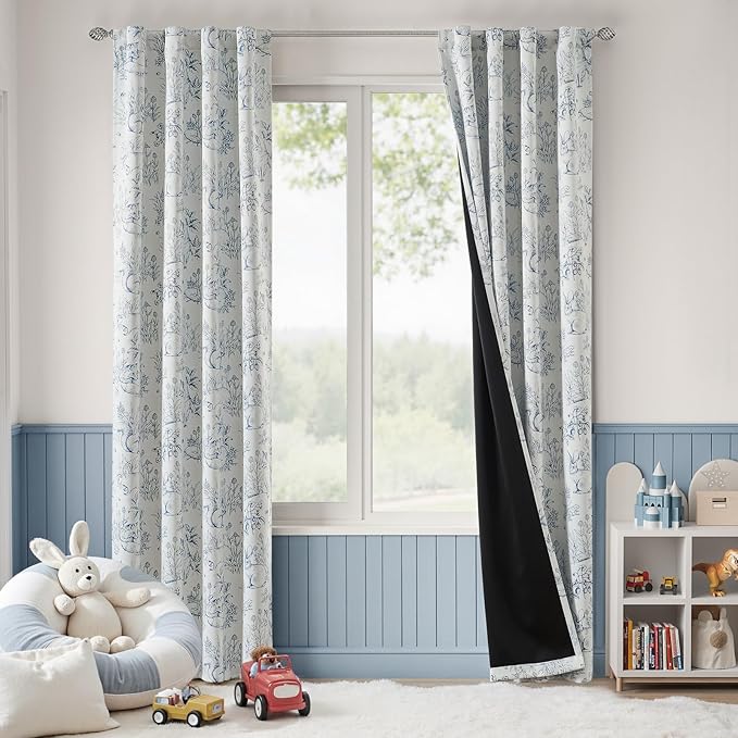 jinchan Blackout Nursery Curtains 84 Inches Long, Bunny Woodland Toile Curtains Blue on Beige Animal Printed Drapes for Bedroom Rod Pocket Thermal Insulated Farmhouse Window Treatment 2 Panels