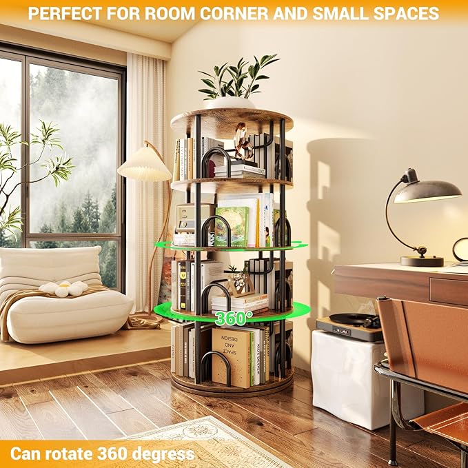 Aheaplus 4 Tier Rotating Bookshelf Tower, 360 Display Spinning Bookcase, Revolving Round Book Shelf Narrow Swivel Bookshelf, Vertical Turning Corner Book Organizer for Small Space, Rustic Brown