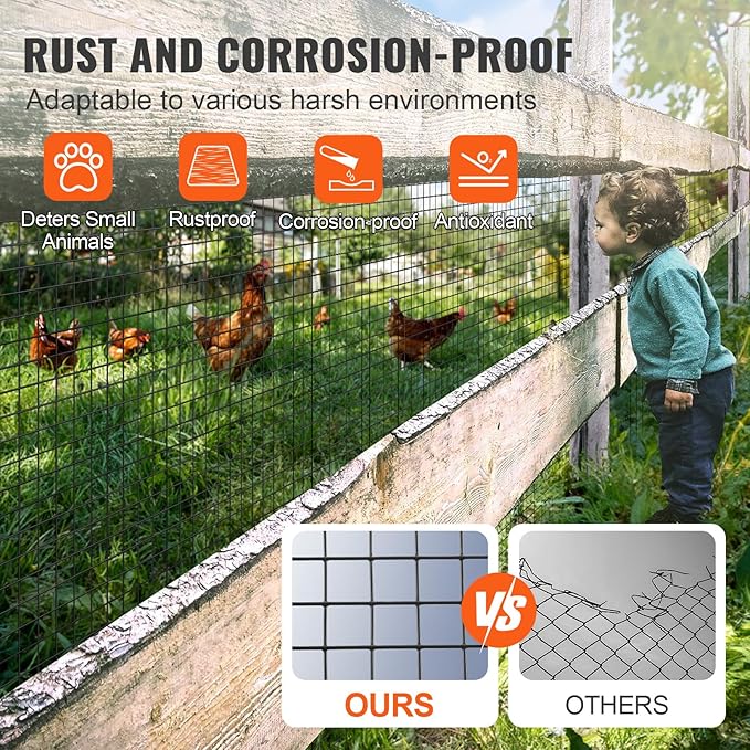 VEVOR Hardware Cloth, 48'' x 100' 1/2inch Galvanized Wire Mesh Roll, 19 Gauge Chicken Wire Fencing Roll, Vinyl Coating Metal Wire Mesh for Chicken Coop Barrier, Rabbit Snake Fences, Poultry Enclosures