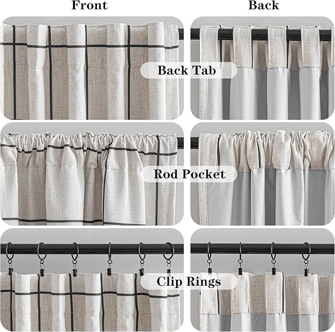 MYSKY HOME 100% Blackout Plaid Farmhouse Linen Curtains 108 Inch Long for Living Room Double Layer Windowpane Drapes Thermal Insulated Privacy Protection Rod Pocket Back Tab, 2 Panels, 52" W, Black