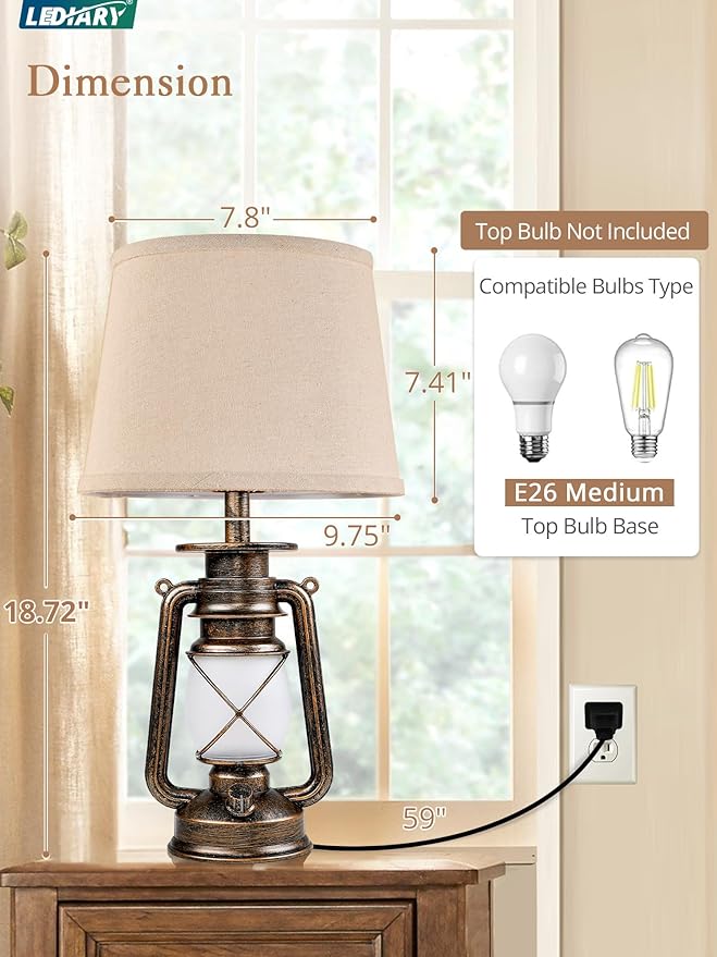 LEDIARY 18.72" Black Gold Vintage Lantern Flickering Flame Table Lamps