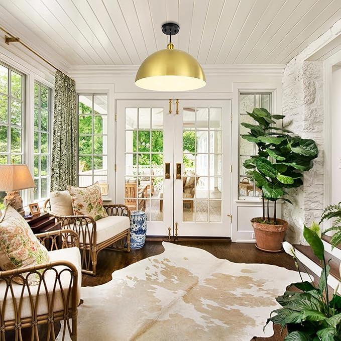 Gold Pendant Light, Elegant Semi-Circular Shade Design, Adjustable Height