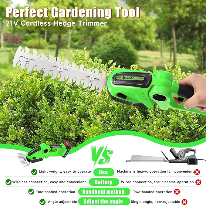 Cordless Hedge Trimmer, 2-in-1 Handheld Electric Hedge Trimmer/Grass Shears for Garden,Yard and Lawns, Shrub Trimmer with 2 PCS Rechargeable Battery&Charger (Green)