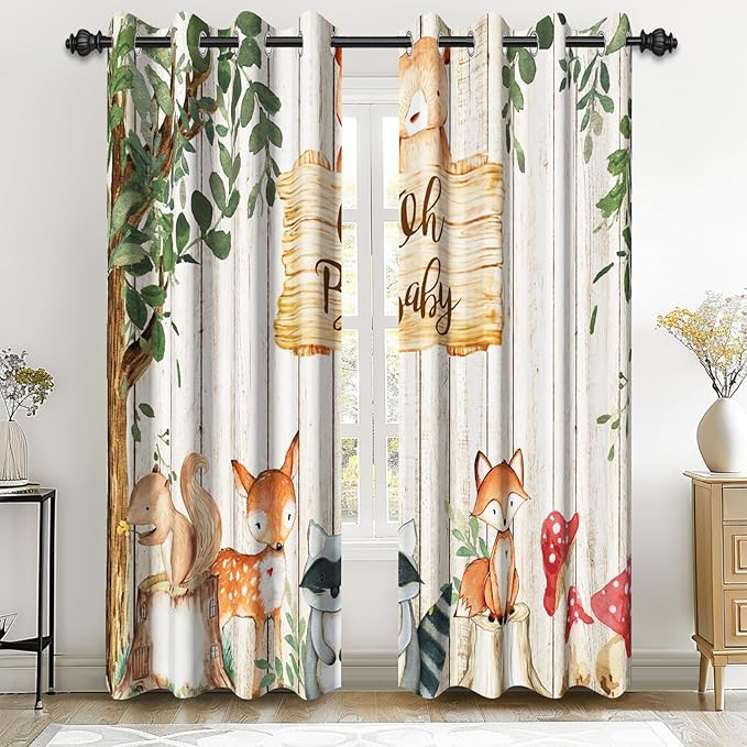 Renaiss 52 x 96 Inch African Safari Baby Curtains Grommet Blackout Window Curtain Planks Animals Tropical Tree Stump Fox Squirrel Mushrooms Print Window Treatment for Kids Boys Bedroom Decor 2 Panels