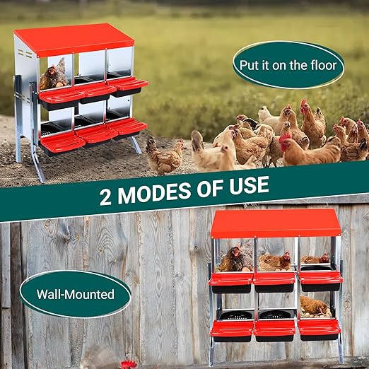 Garvee Chicken Nesting Boxes, 6 Hole Metal Chicken Laying Box with Removable Trays for Chicken Coop, Red, with Metal Legs