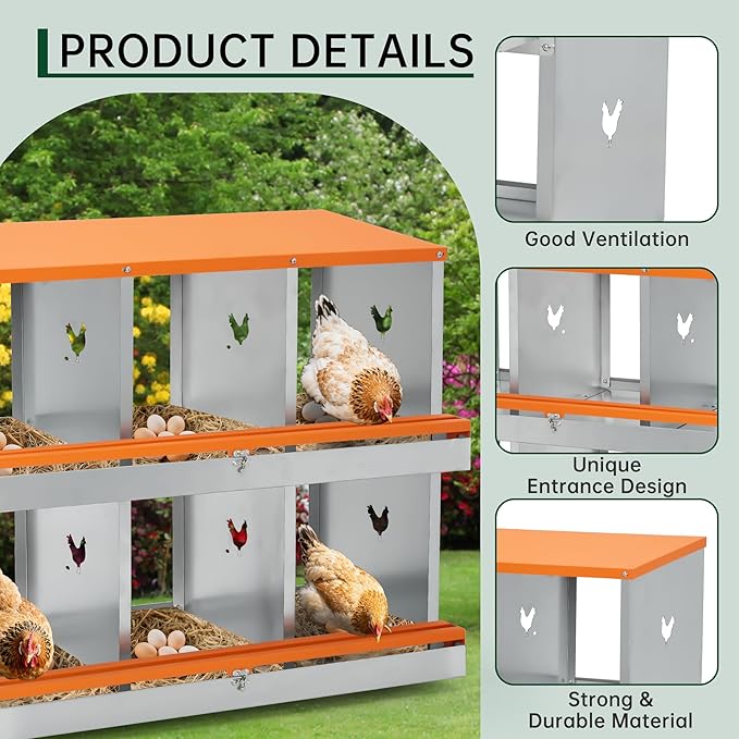 Chicken Nesting Boxes, 8 Hole Roll Away Chicken Egg Laying Box with Lid, Metal Nesting Boxes for Chickens with Swing Perch and Roll Away Egg Collection for Chicken Coop, Double Layer 8 Compartments