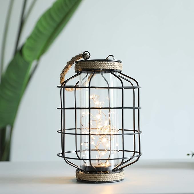 JHY DESIGN Metal Cage LED Lantern Battery Powered, 9.4" Tall Cordless Accent