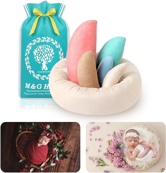 M&G House Newborn Photography Props - 6pcs Baby Photoshoot Props, Adjustable Photography Props Fits 0-6 Months Baby, Ultra-Soft Photo Donut Posing Pillow Basket - Multicolor