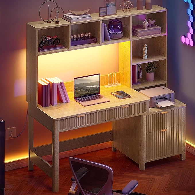 YITAHOME Computer Desk with Hutch and Drawers, 55" Office Desk with Storage Shelves and Printer Stand, Gaming Desk with Power Outlets & LED Lights, Fluted Sturdy Writing Workstation, Natural Oak
