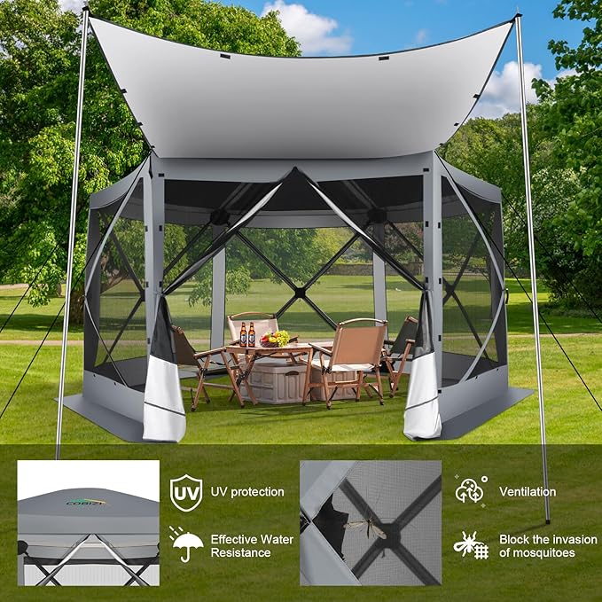 COBIZI 12x12 Pop up Gazebo Screen House Tent for Camping, Outdoor Canopy with Removable Roof&Mosquito Netting, Portable Hub with Carrying Bag and Ground Stakes, Grey