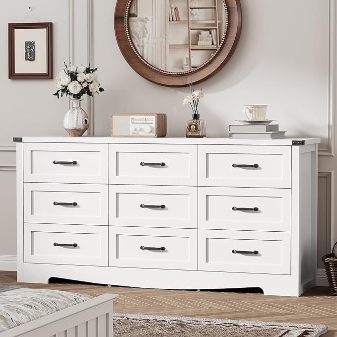 Dresser for Bedroom with 9 Drawers, 59" Wide Modern Chest of Drawers with Deep Drawers & Mental Handle, Wood Dresser TV Stand, Wooden Closet Storage Organizer for Living Room, Hallway, Entryway, White