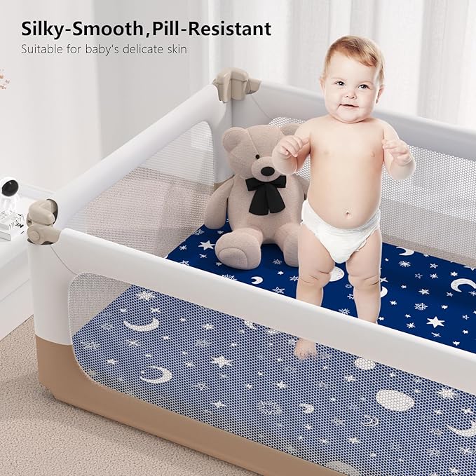 Pack N Play Sheets Fitted, 2-Pack Fit for Standard Pack N Play Mattress, Mini Crib Sheets,Breathable Soft Unisex Playard Sheets (Starry Sky & Clouds)