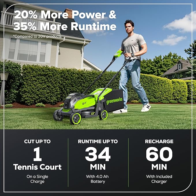 Greenworks 24V 13" Brushless (Push) Cordless Lawn Mower, 4.0Ah Battery and Charger
